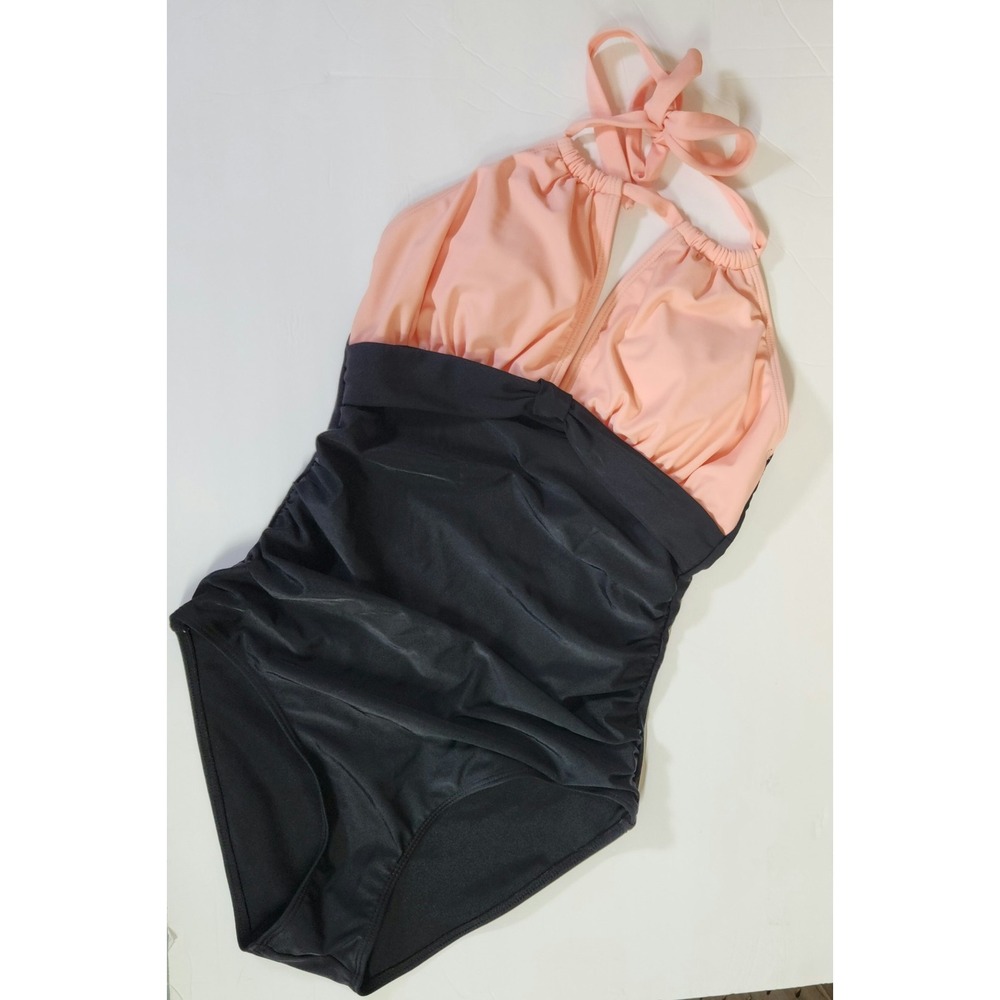 One Piece Swimsuit Women's Black and Pink Cut Out Halter Tie Neck Ruched S beach